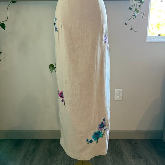 Vintage Beige Floral Embroidered Dress Maxi Sleeveless Size 12 Linen Elegant - Picture 6 of 9